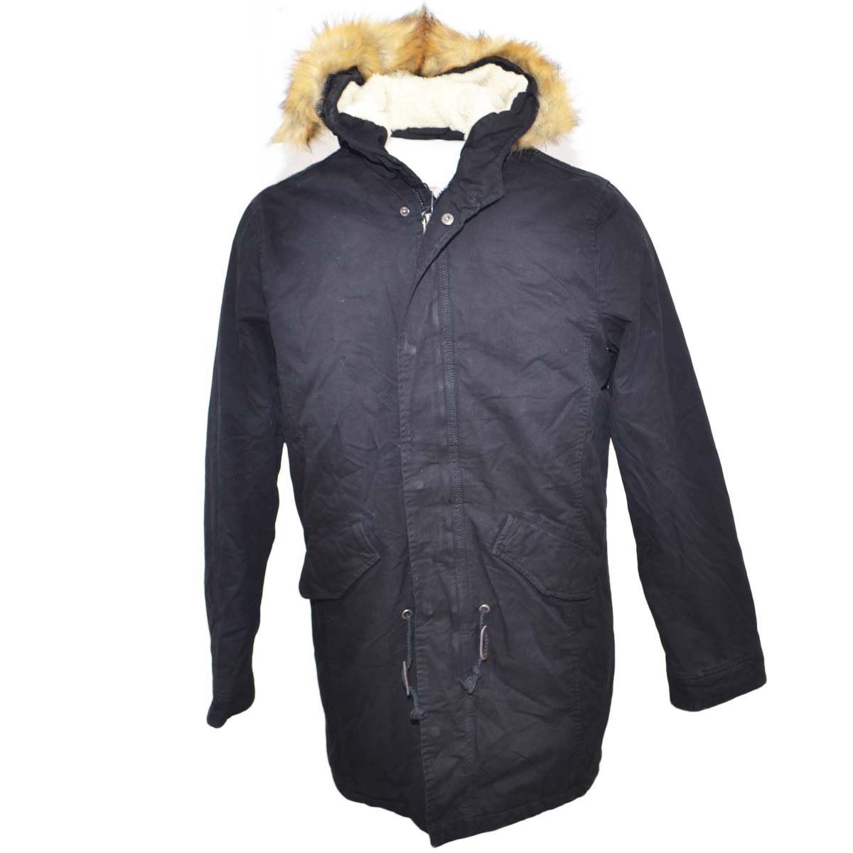 New parka uomo in cotone nero con pelliccia ecologica e imbottitura in lana zip tasche slim fit