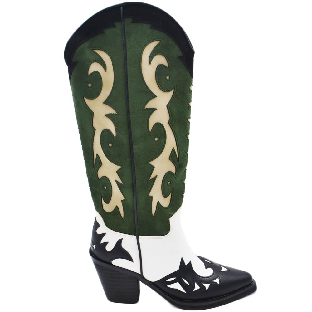 Stivali donna western vero camperos corina tre colori bianco verde nero con stelle altezza ginocchio tacco texano 10.