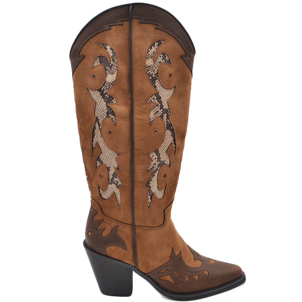 Stivali donna western vero camperos corina tre colori beige marrone animalier  altezza ginocchio tacco texano 10.