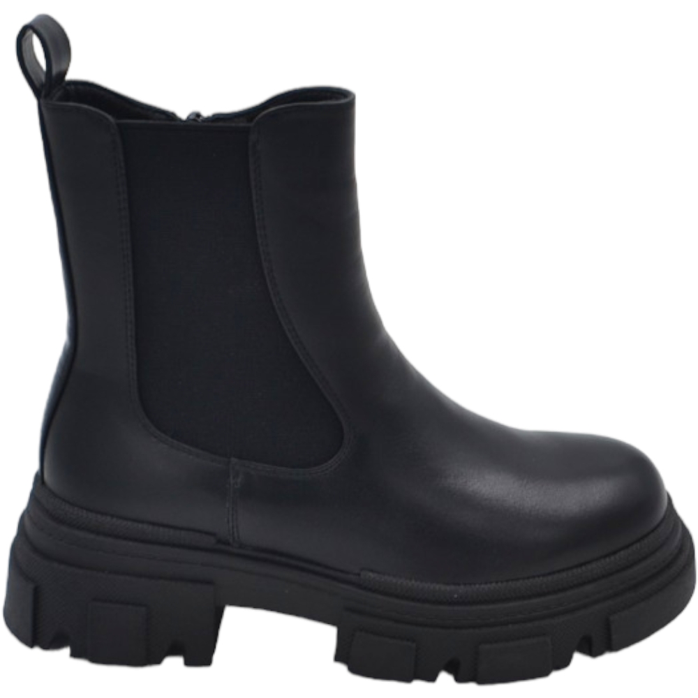 Stivaletti donna platform chelsea boots combat nero in ecopelle opaca fondo alto zip elastico laterale moda tendenza.