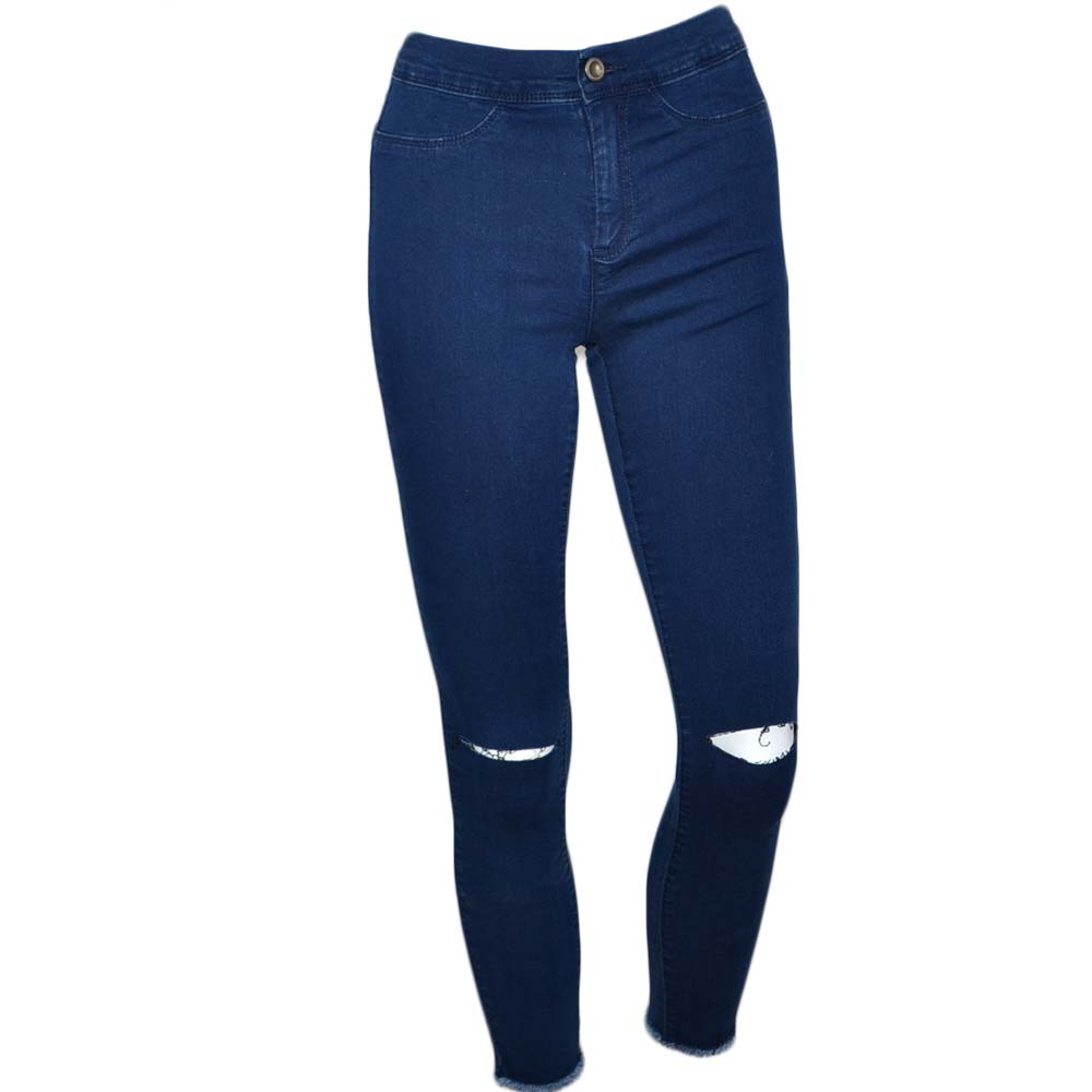 Jeans donna slimfit high waist a vita alta lavaggio blu scuro strappo al ginocchio denim elasticizzati.