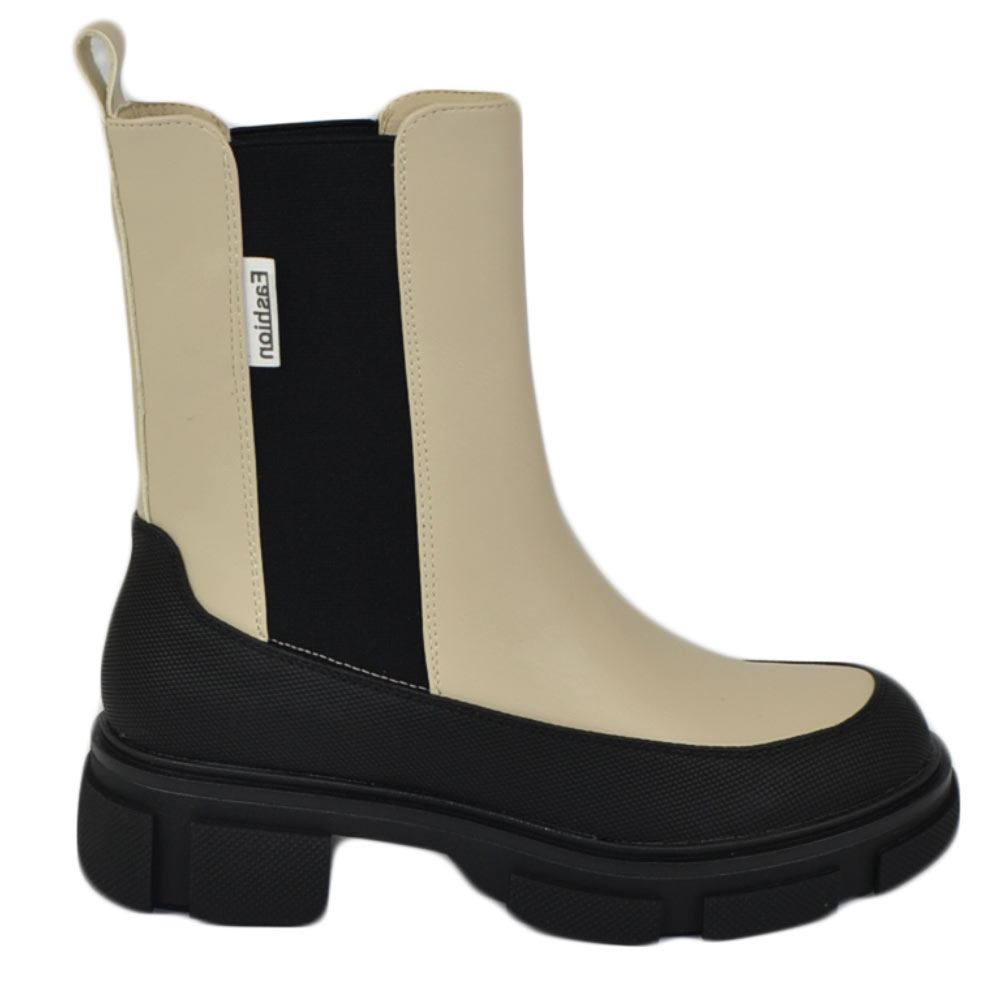 Stivaletti donna platform chelsea boots combat beige nero impermeabile fondo alto zip elastico laterale moda tendenza.