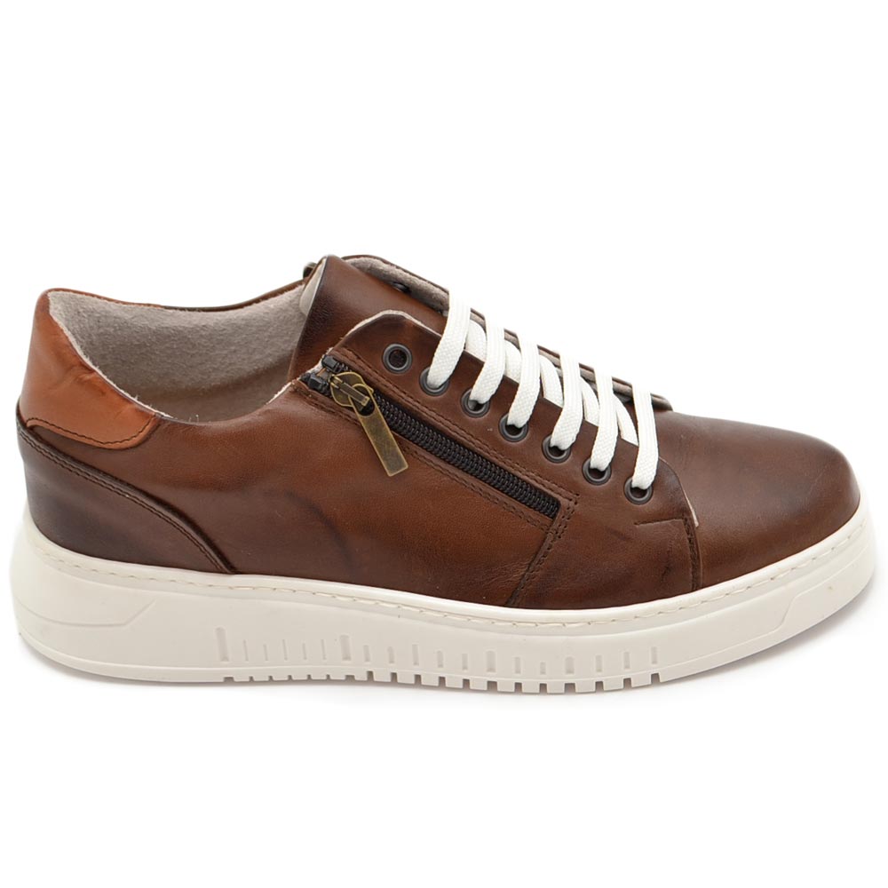 Sneakers uomo bassa vera pelle marrone fortino cuoio zip fondo alto gomma 4,5 bianco moda comode fatte a mano in italia.