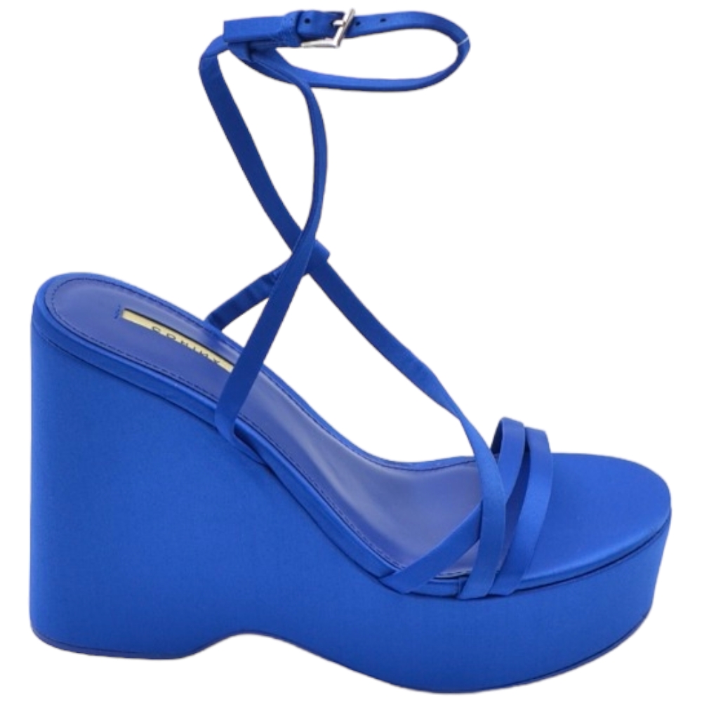 Zeppa donna blu in pelle chiusura alla caviglia fondo tono su tono asimmetrico platform zeppa 10cm plateau 3cm.