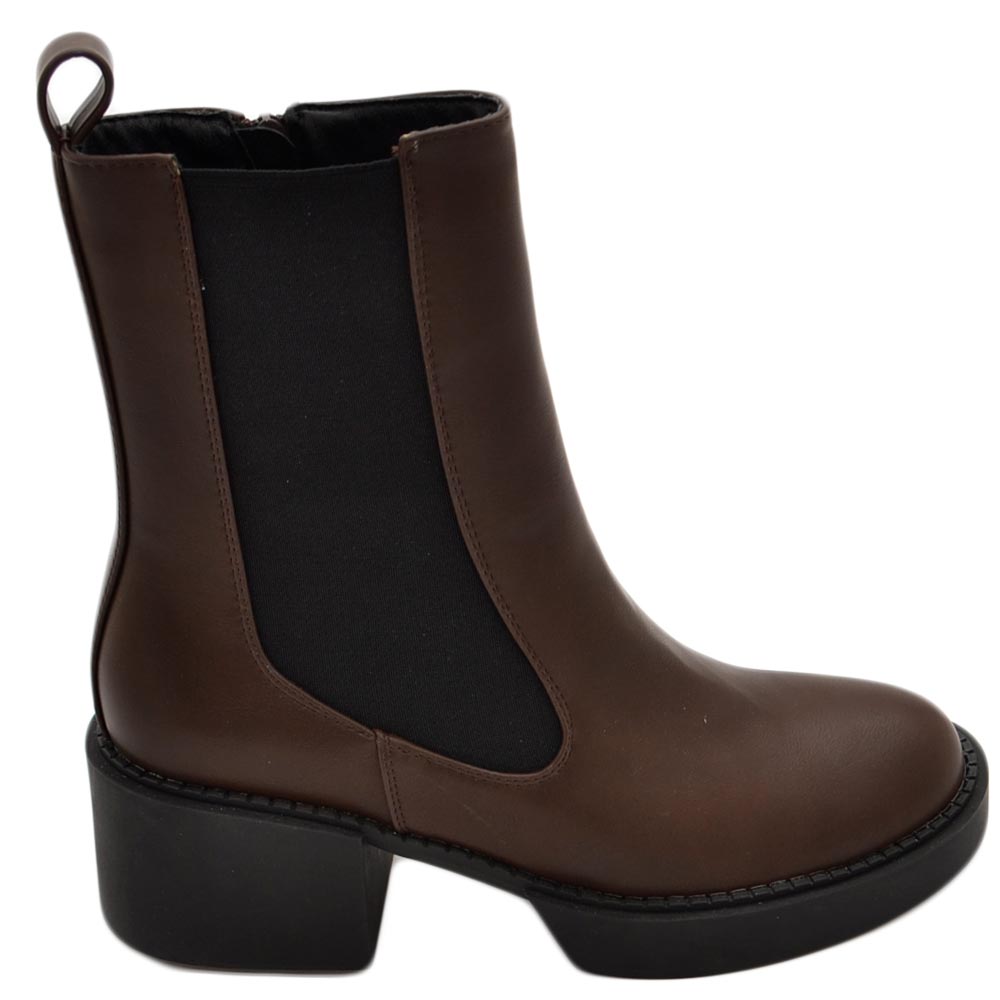 Stivale basso donna platform chelsea boots marrone con fondo alto zip elastico laterale tinta moda tendenza comodo.