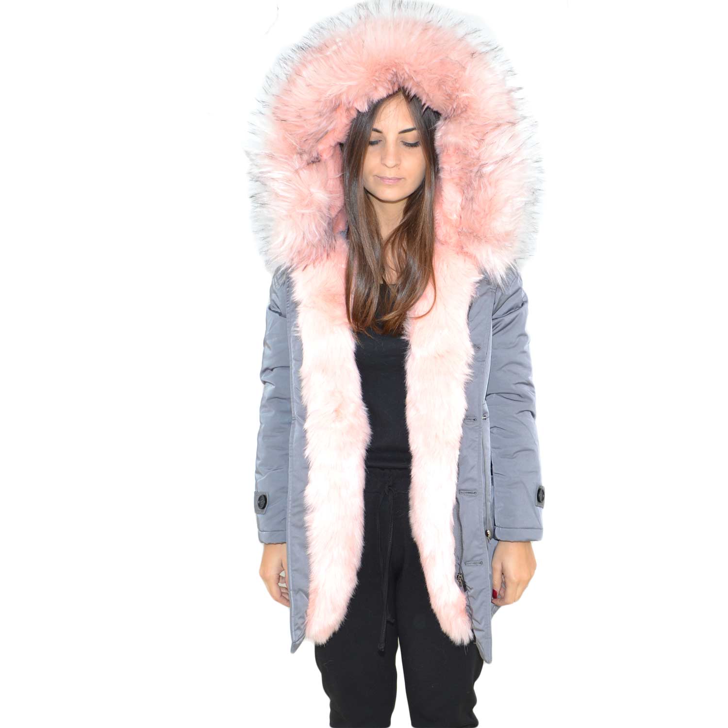 Parka donna invernale con pelliccia rosa eco giacca giubbotto piumino lungo grigio pelo extra volume imbottito caldo mod.