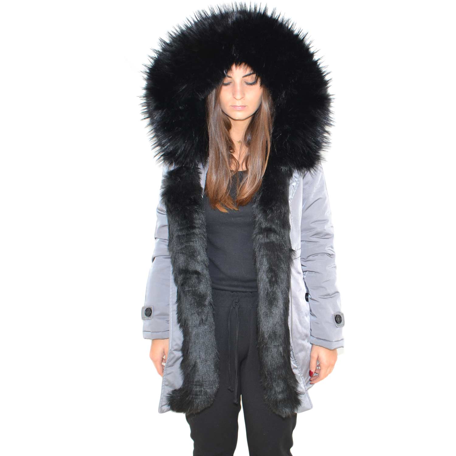Parka donna invernale con pelliccia nero eco giacca giubbotto piumino lungo grigio pelo extra volume imbottito caldo mod.