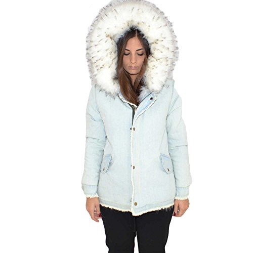 Giacca parka di jeans invernale donna con pelliccia interna ecologica bianca cappuccio cappotto calda maniche lunghe zip