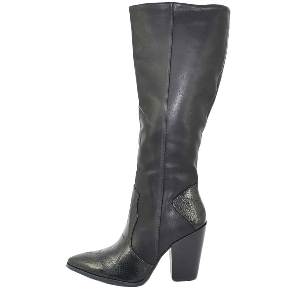 Stivale donna alto elastiicizzato nero liscio con tacco western stile camperos a punta moda altezza ginocchio con zip