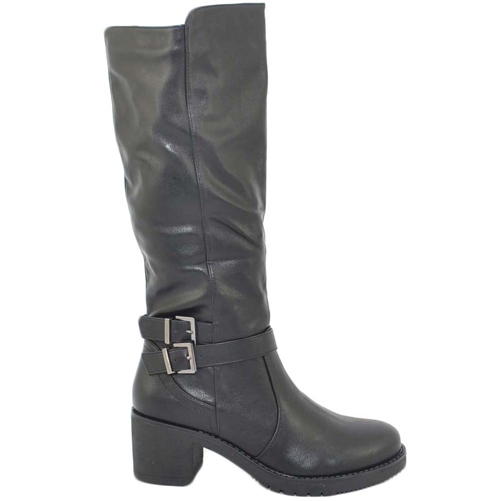 Stivali donna biker neri fibbia al ginocchio aderenti con zip fondo gomma  comfor | eBay