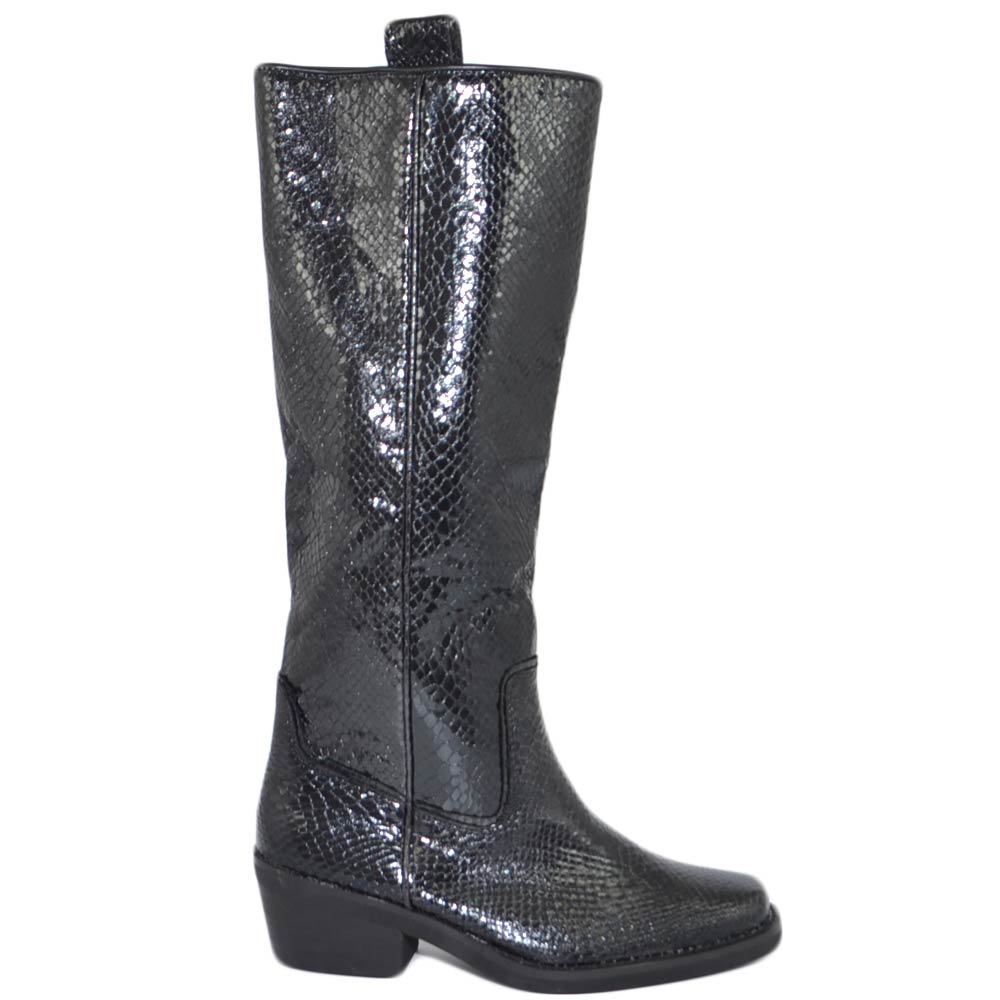 Stivali donna Corina a punta quadrata neri fatti a mano in spagna camperos tacco comodo 3 cm stampa lurex gambale 
