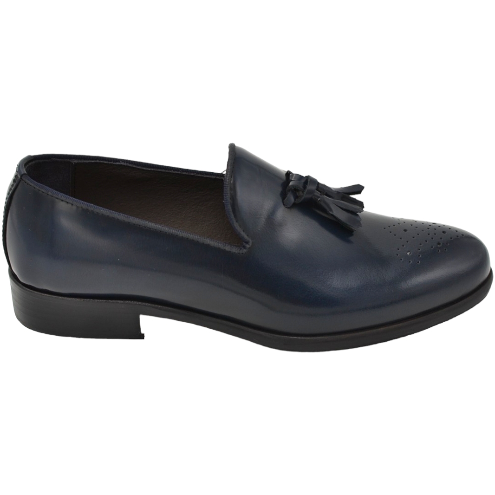 scarpe mocassino uomo classico cerimonia blu campanelle bon bon monogramma vera pelle made in italy suola cuoio