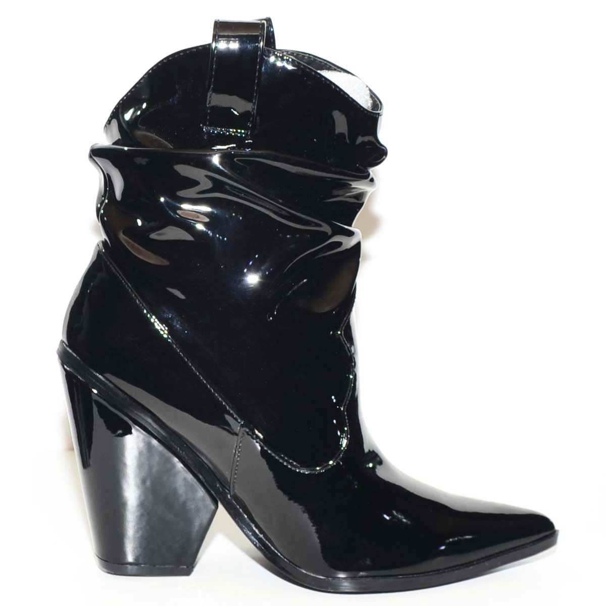 TRONCHETTO DONNA CAMPEROS LUCIDO NERO CON TACCO CONO COMODO E ROUCHES ALLA CAVIGLIA MODA TREND TENDENZA