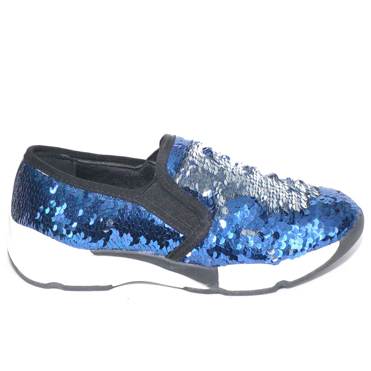 Sneakers bassa in paillettes argento e blu rivoltabili con fondo plat bicolore
