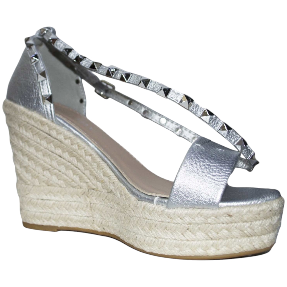 Calzature donna art.wi8950  riporto in paglia moda comfort borchie TONO SU TONO ARGENTO