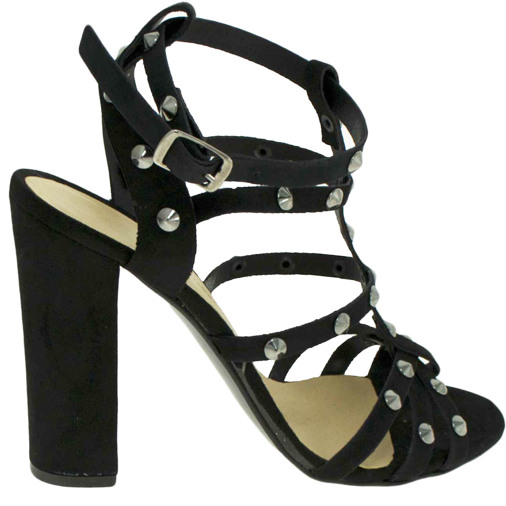 sandali tacco nero art.st77891 con borchie tacco doppio vera pelle camosciomoda glamour made in italy