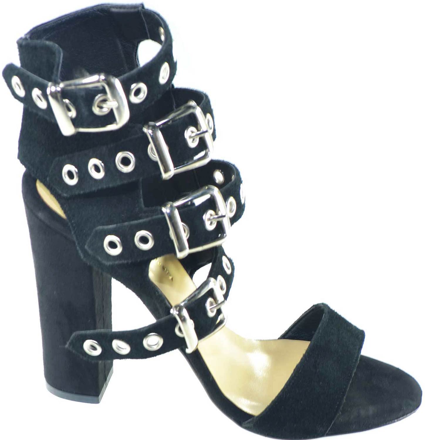 Sandali tacco doppio nero art.st9094 made in italy accessori fibbia argento camoscio moda comfort fondo antiscivolo