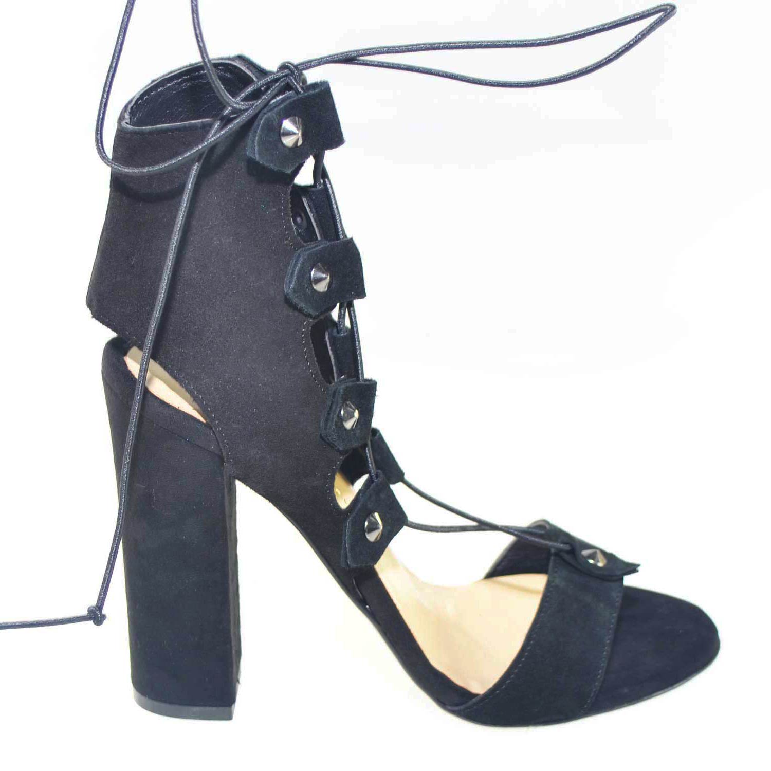 Sandali tacco doppio nero art.st9098 made in italy accessori borchie stringhe lacci pelle camoscio moda comfort fondo antiscivolo