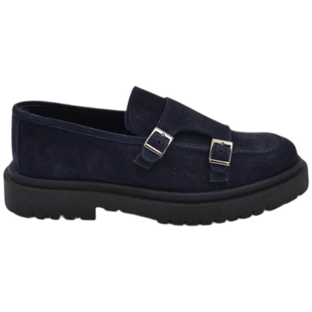 Scarpe uomo mocassino fibbia doppia blu in vera pelle scamosciata business fondo gomma zigrinato alto 3 cm