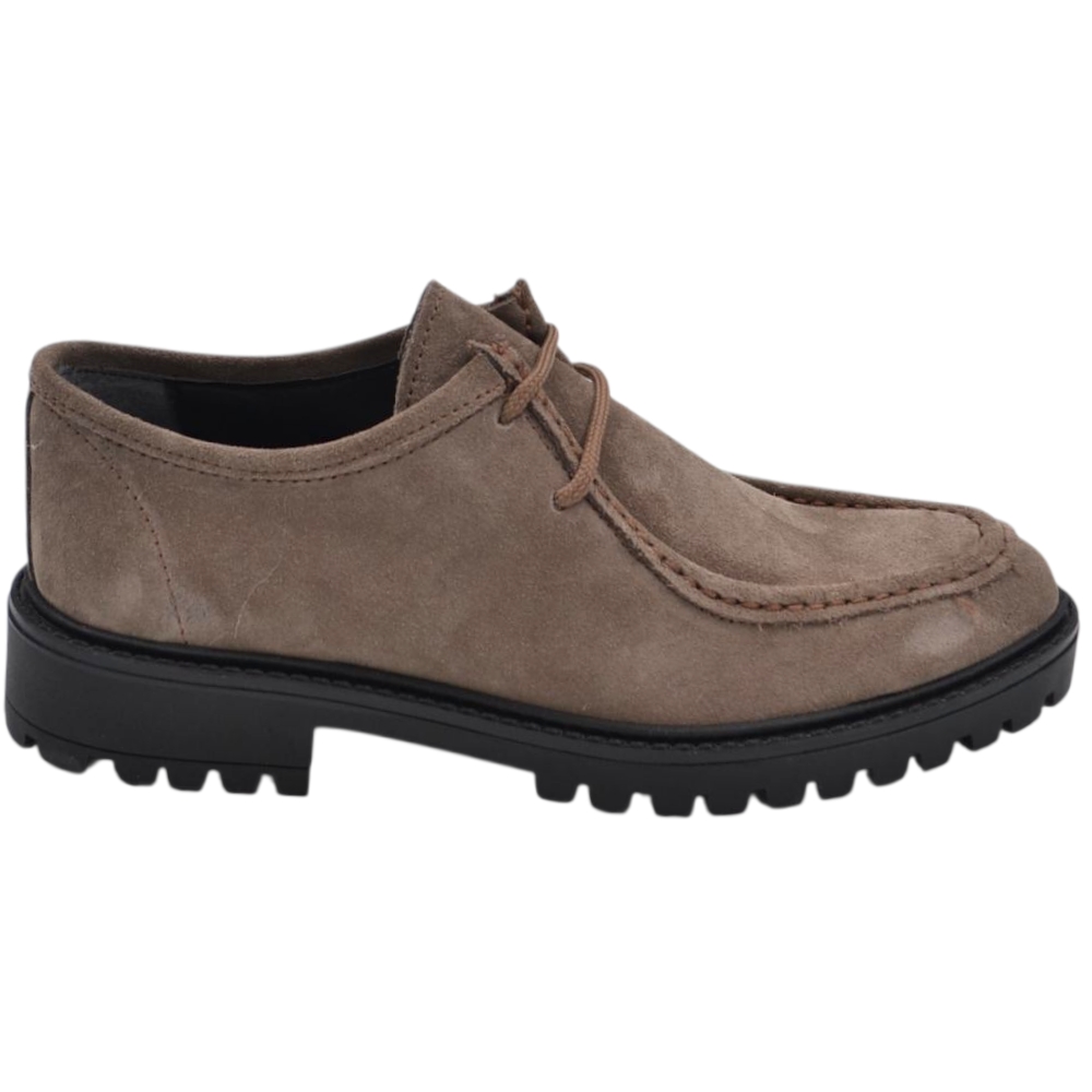 Scarpe uomo stringate ingegniere vera pelle camoscio taupe spazzolato suola alta zigrinata made in italy.