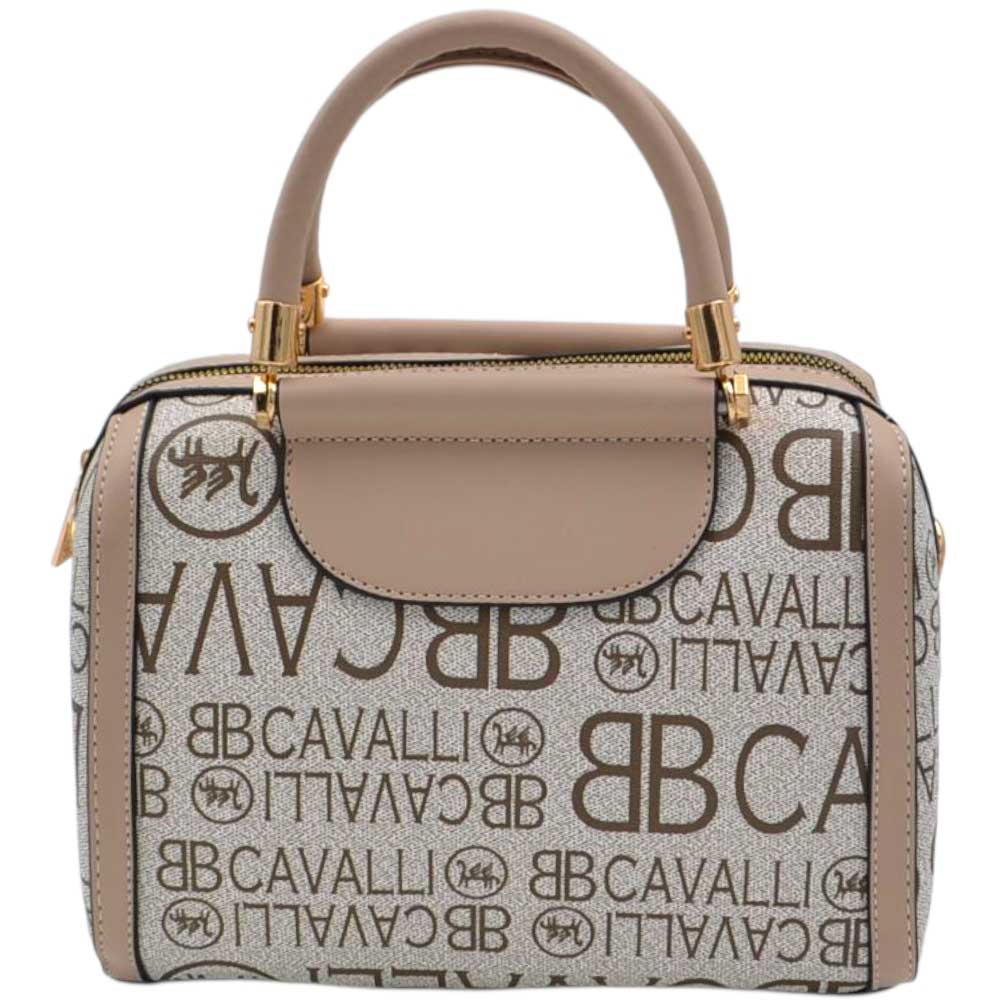 Borsa Donna a Mano Bauletto Beige Logo Cavalli Materiale Sintetico Rigido Manici Strutturati Dettagli Oro.