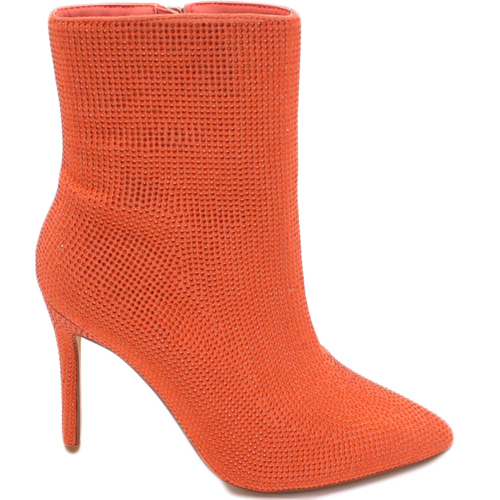 Scarpa tronchetto mezzo stivaletto donna a punta arancione con tacco 12 luccicante con strass zip elegante