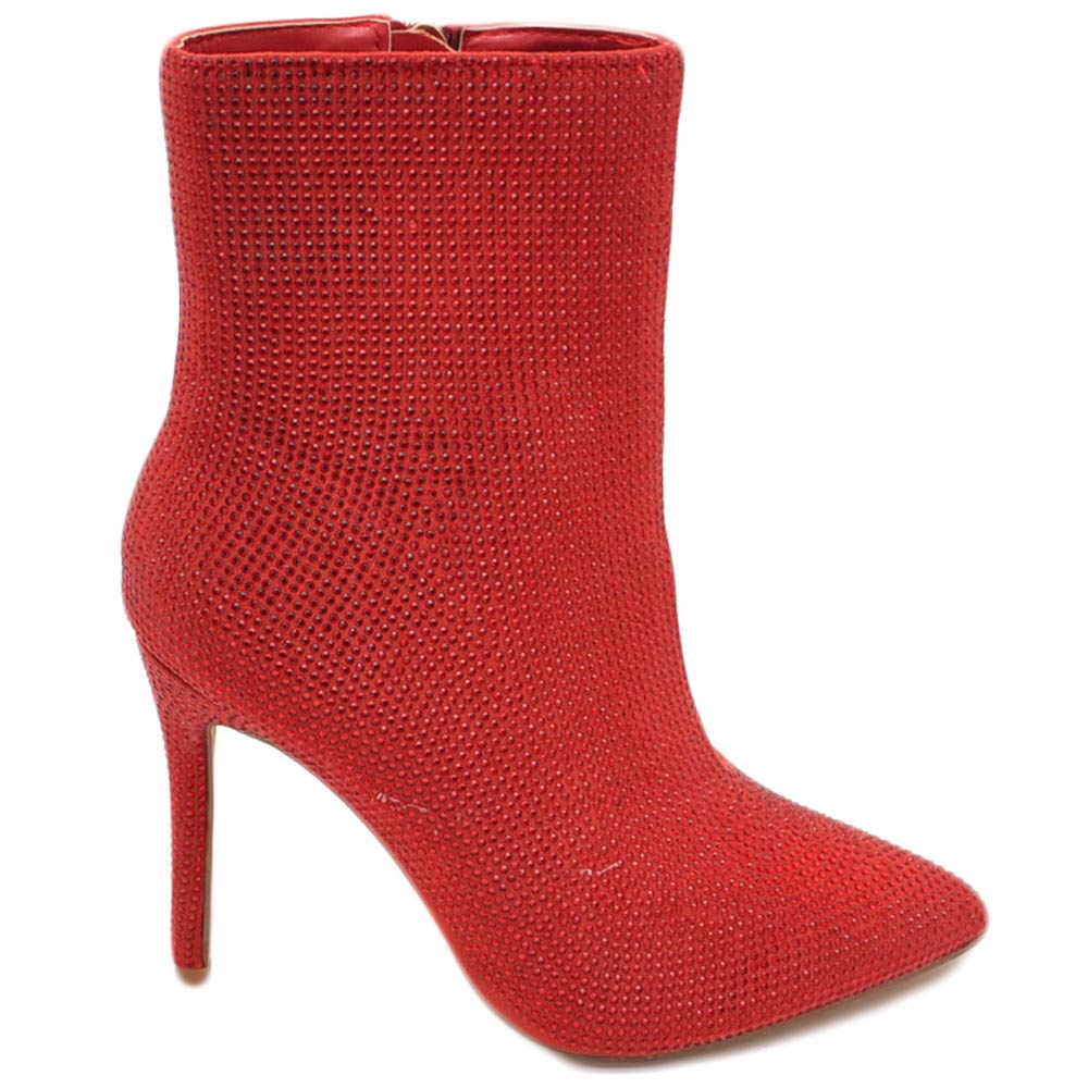 Scarpa tronchetto mezzo stivaletto donna a punta rosso con tacco 12 luccicante con strass zip elegante