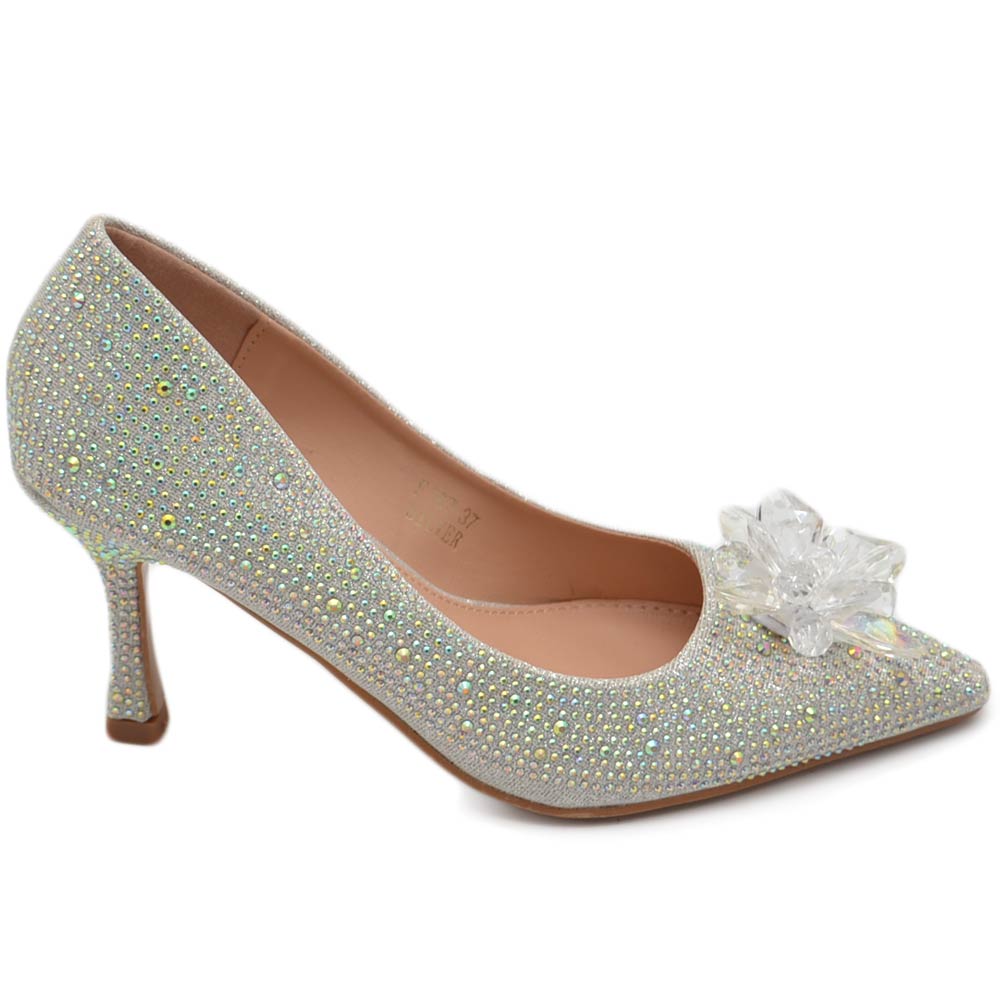 Decolette' scarpa donna gioiello spilla cristallo di ghiaccio argento in punta tacco sottile 8 cm elegante evento.