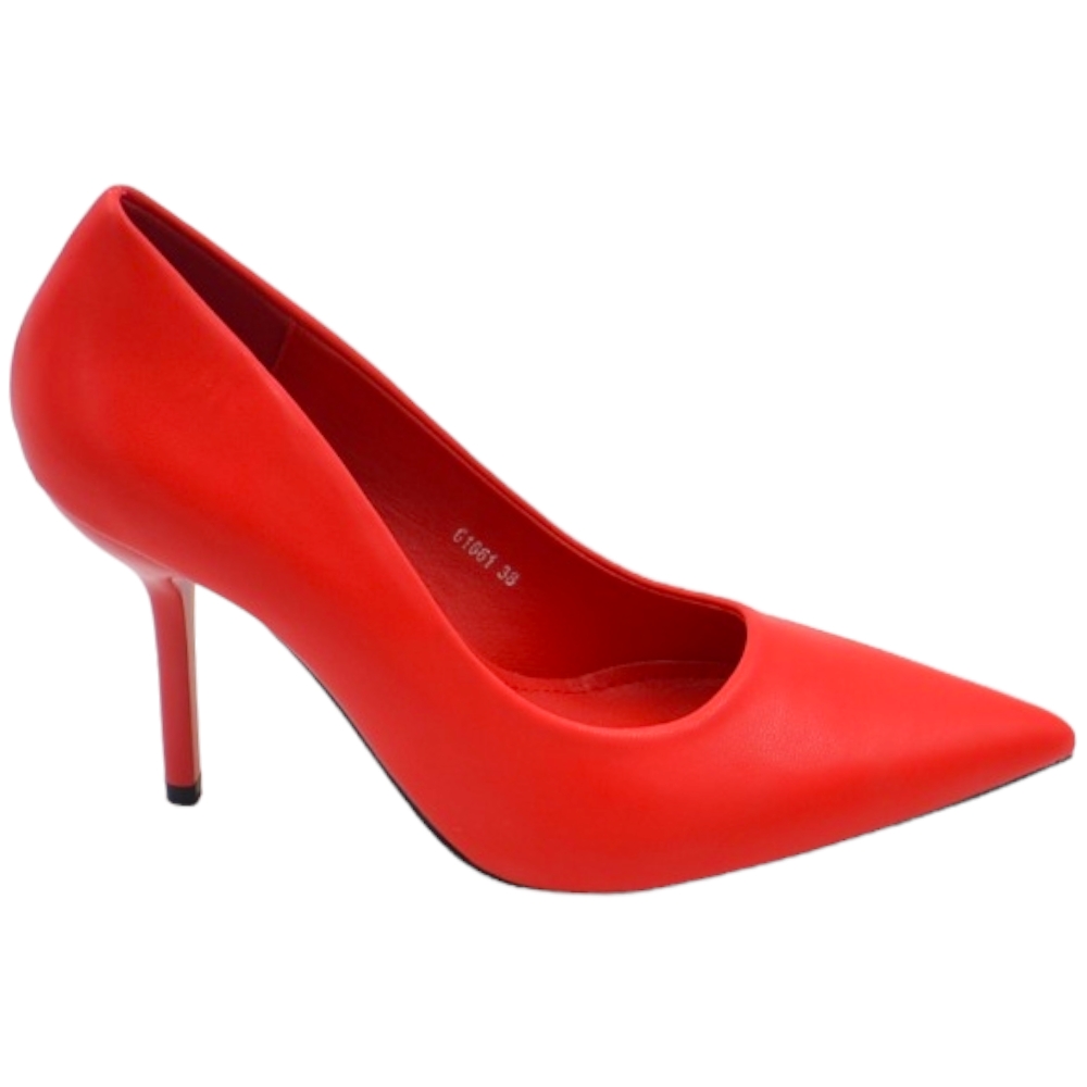 Decollete' scarpa donna a punta in pelle rosso vivo con tacco spillo 12 cm linea basic glamour
