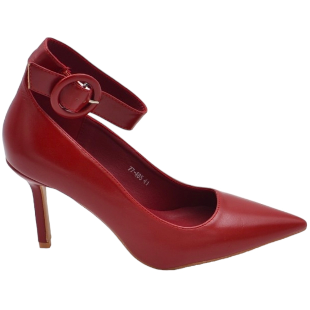 Scarpa decollete donna rosso in pelle a punta con cinturino largo alla caviglia tacco a spillo 120.