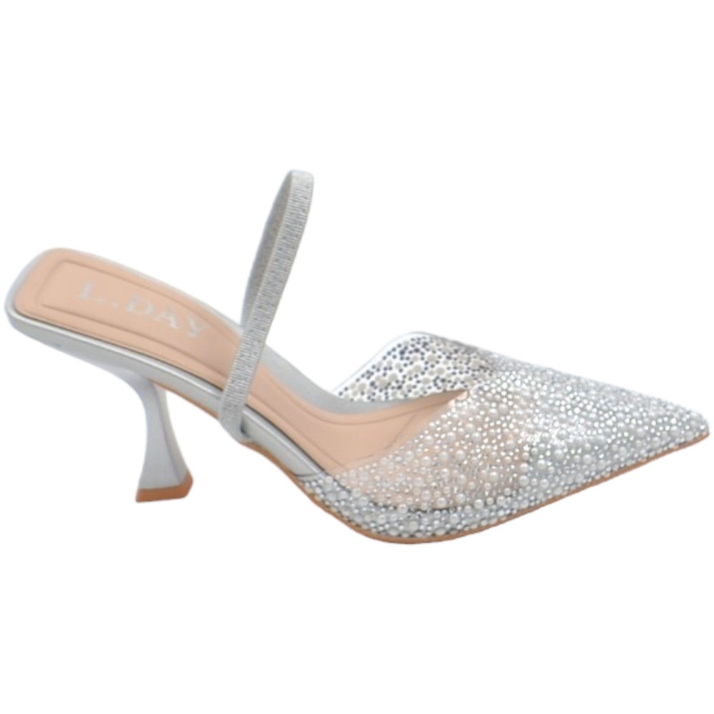 Scarp decollete slingback donna effetto nudo con trasparenza e brillantini argento elastico in tono tacco martini 7 cm 