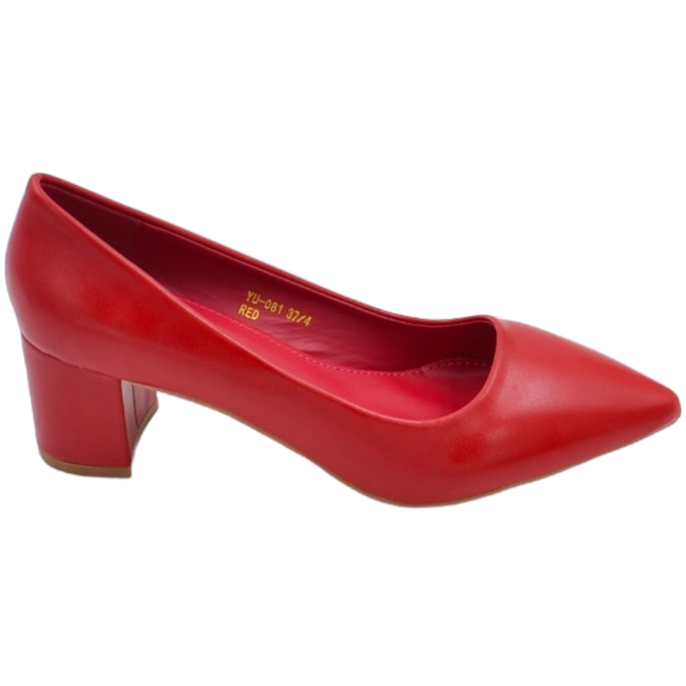 Decollete' scarpa donna basso a punta in pelle rosso intenso con tacco quadrato 4 cm linea basic.