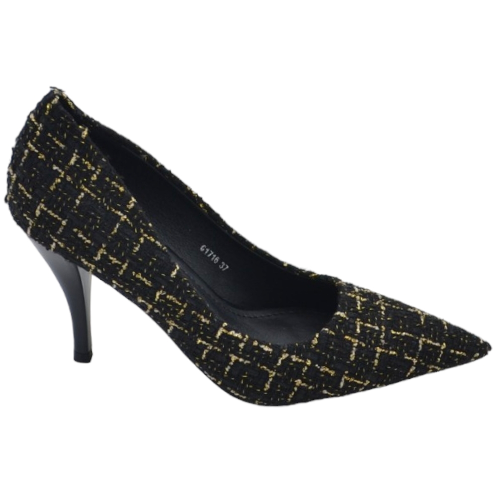 Decollete scarpa donna a punta in tessuto tartan nero bianco e oro con tacco cono 10 cm moda.