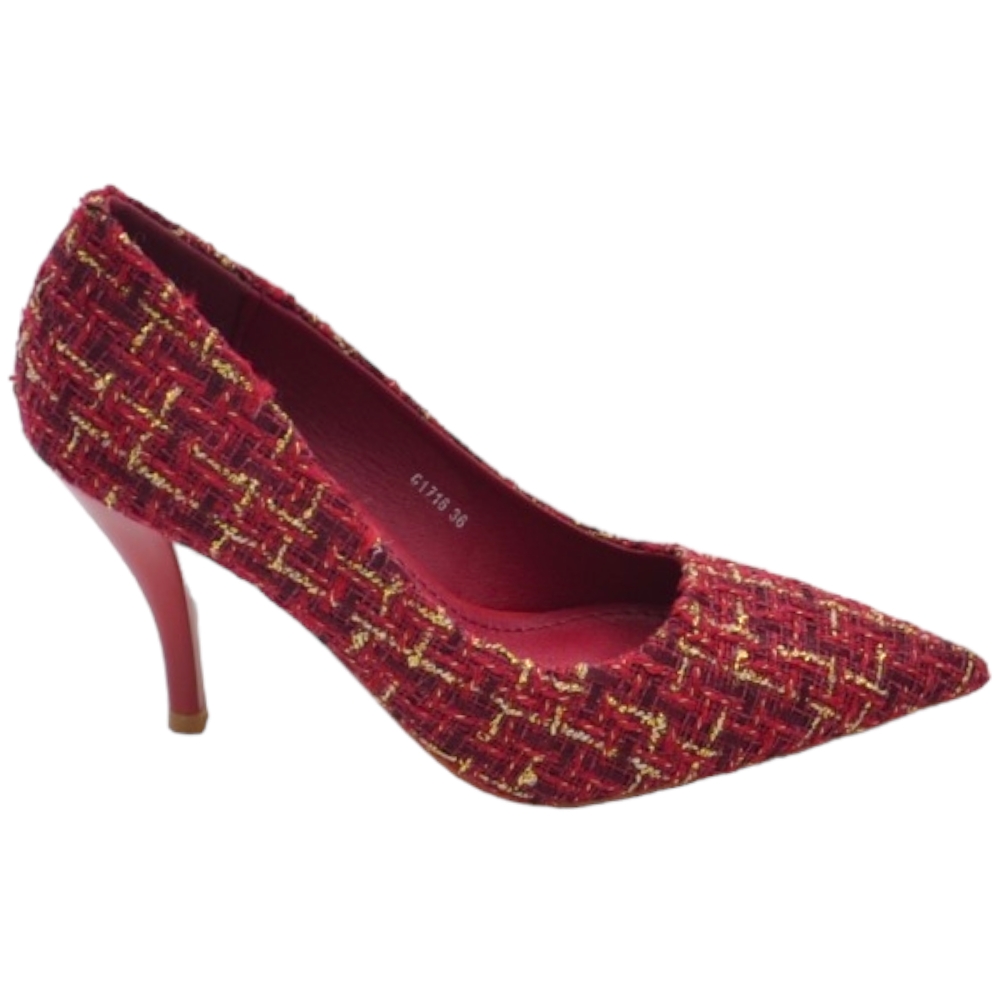 Decollete scarpa donna a punta in tessuto tartan rosso bianco e nero con tacco cono 10 cm moda.
