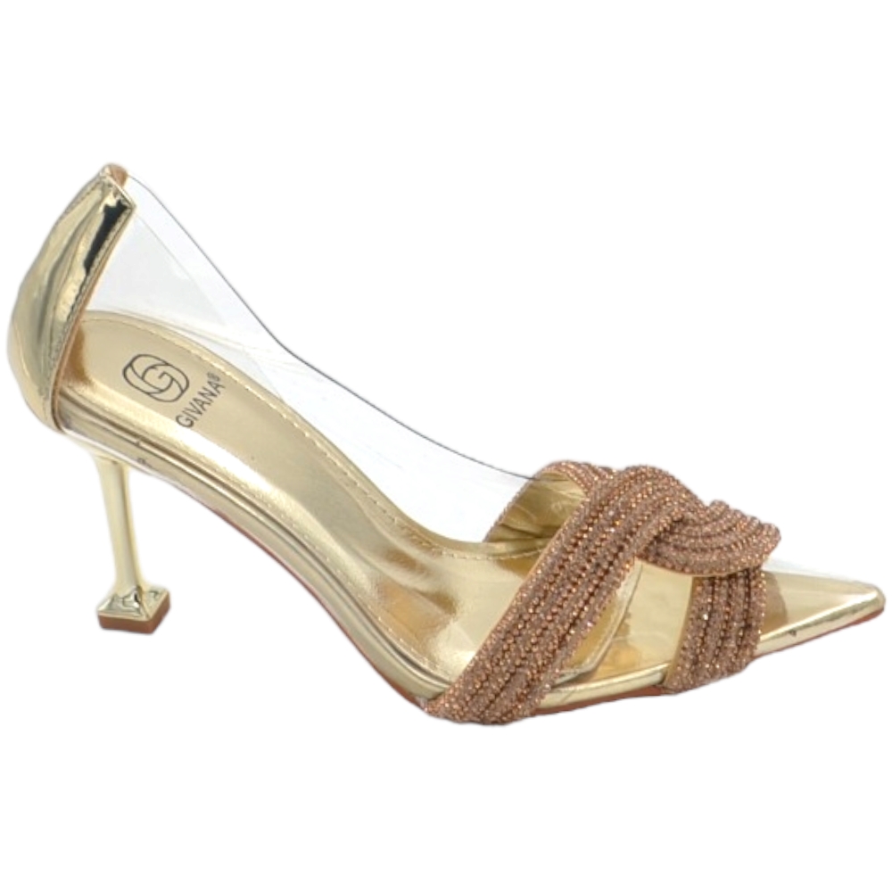 Decollete scarpa donna a punta trasparente con nodo oro gioiello brillantino tacco martini 10 elegante evento glam.
