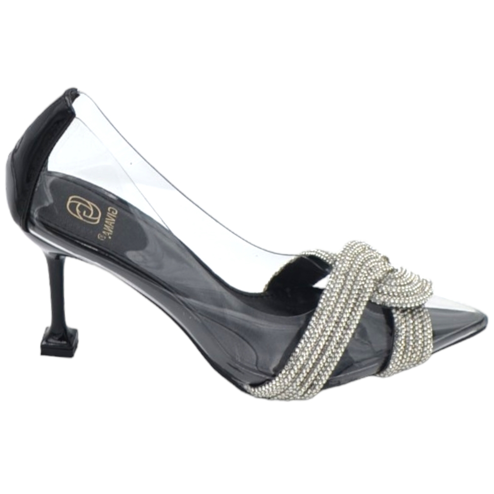 Decollete scarpa donna a punta nero trasparente con nodo argento gioiello brillantino tacco martini 10 elegante evento.
