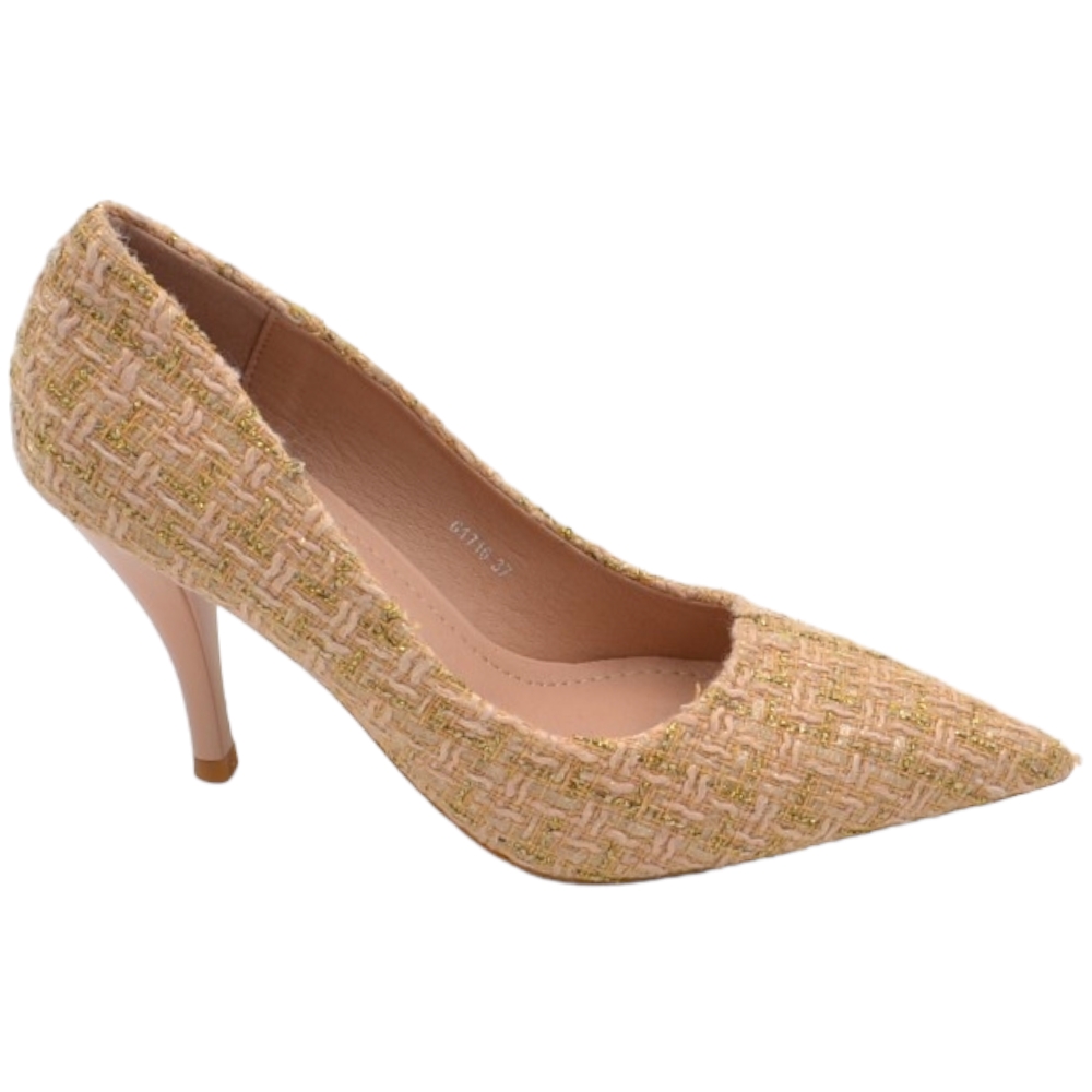 Decollete scarpa donna a punta in tessuto tartan beige bianco e oro con tacco cono 10 cm moda