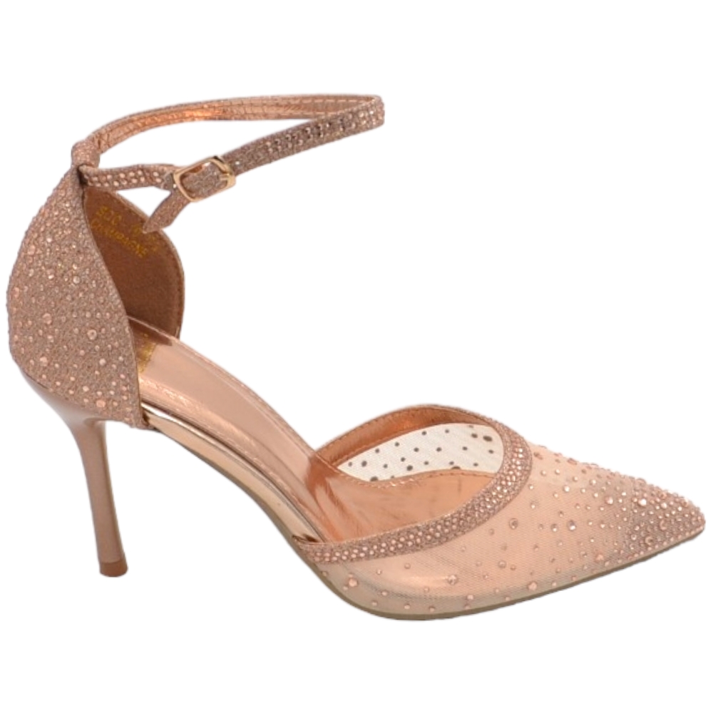 Scarpe decollete donna elegante punta tessuto champagne trasparente tacco 10 cm cinturino alla caviglia strass glitter.