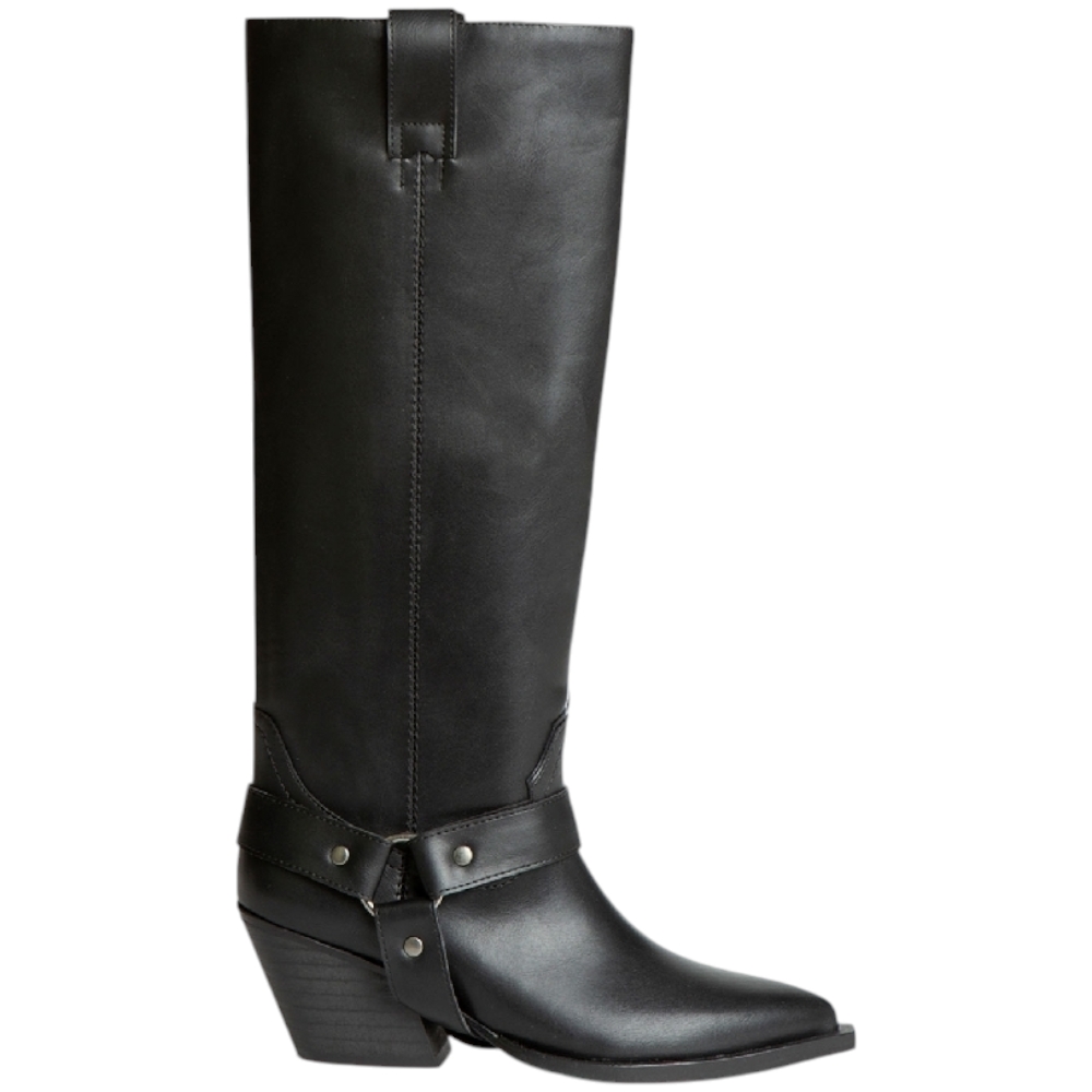 Stivale Corina M4721 texano a punta in pelle nero con gambale dritto e fibbia cowboy 