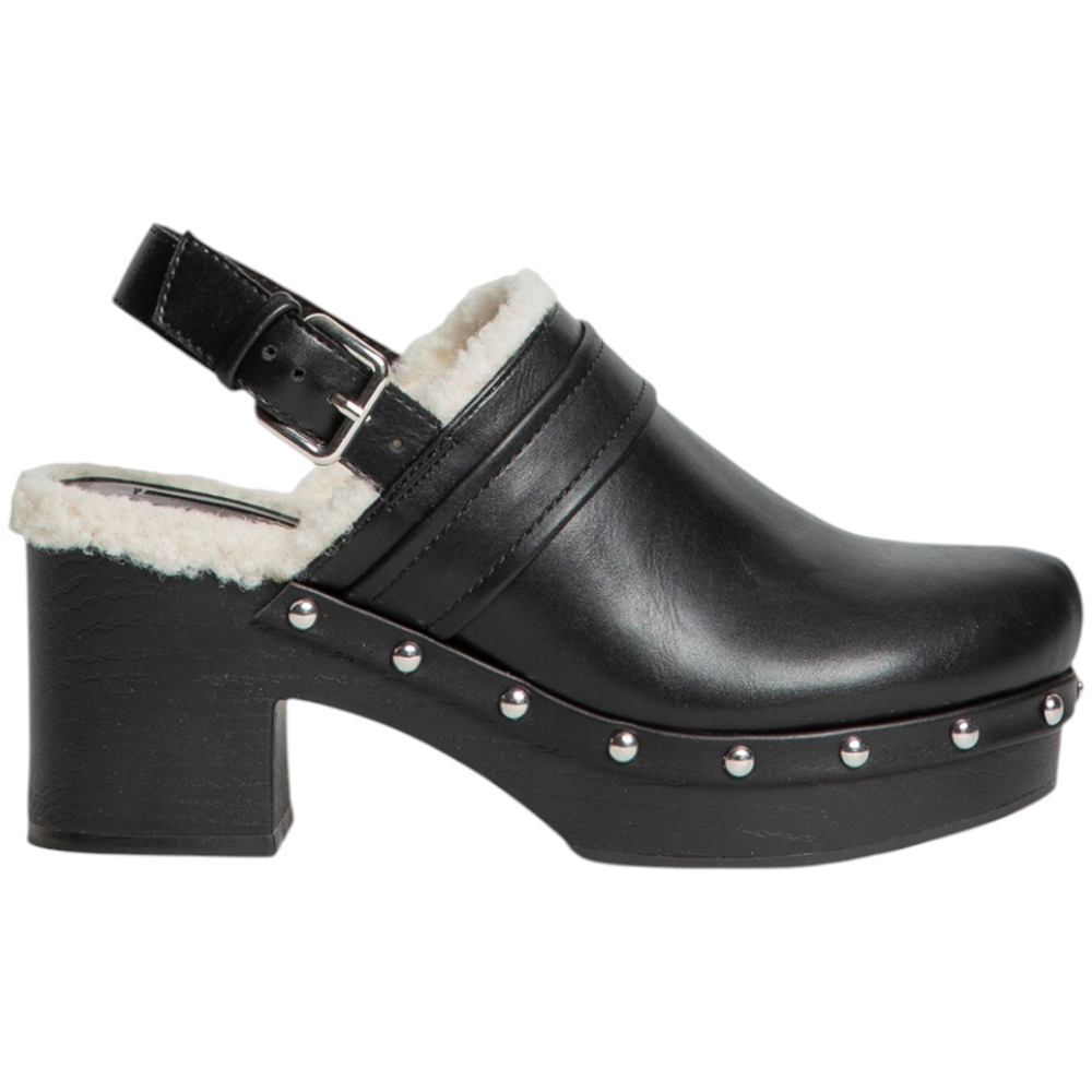 Zoccolo donna Corina M4625 in pelle nera con borchie punta tonda fodera imbottita tacco doppio 7 cm fibbia tallone