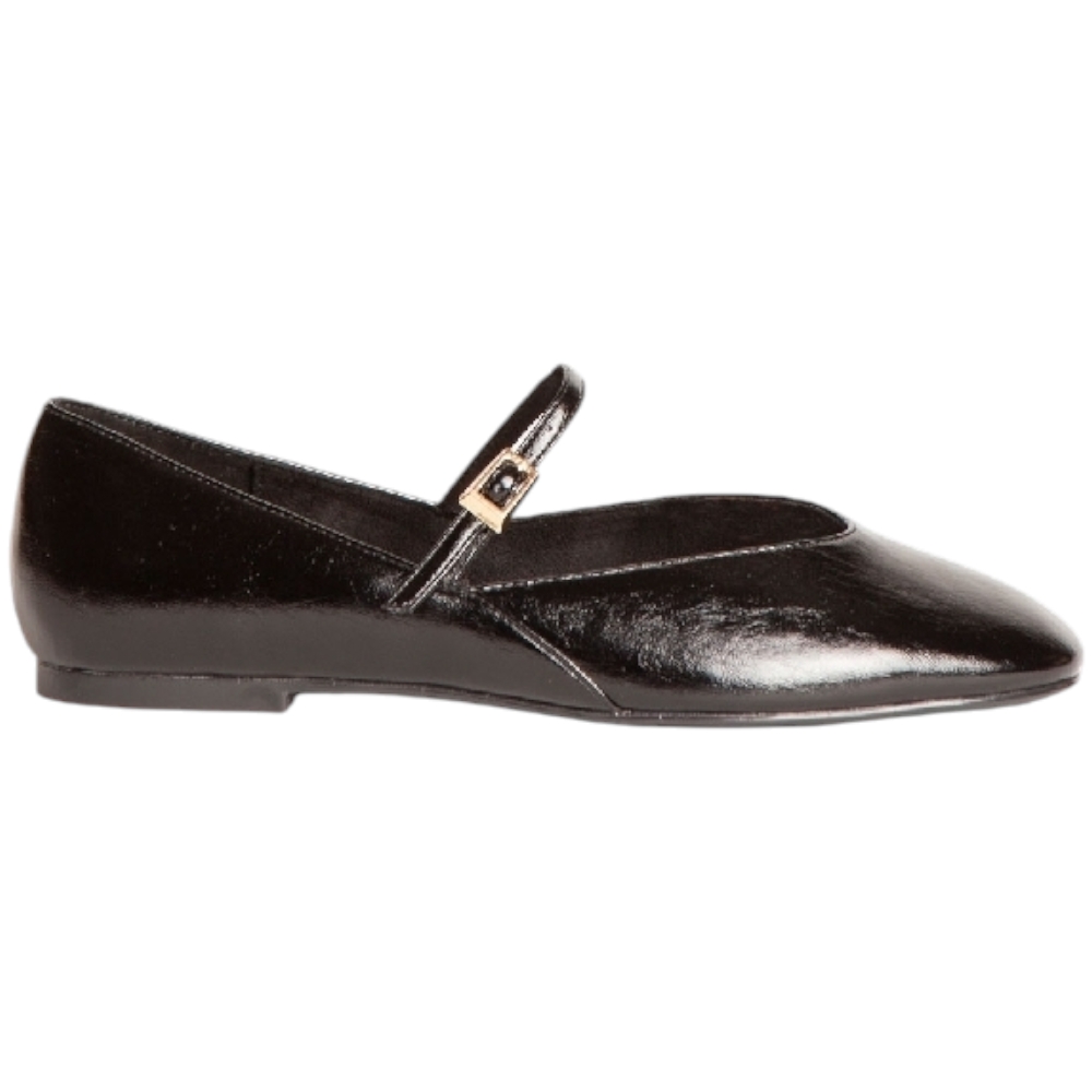 Scarpa ballerina donna Corina M4600 in pelle semilucida nera con punta quadrata e cinturino regolabile fondo sottile