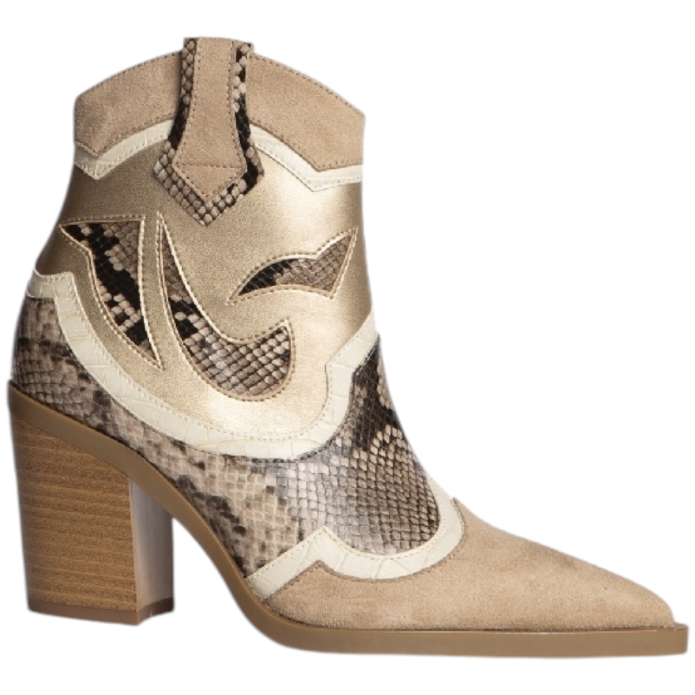 Tronchetti donna Corina m4745 texani multimateriale lusso arena oro animalier tacco