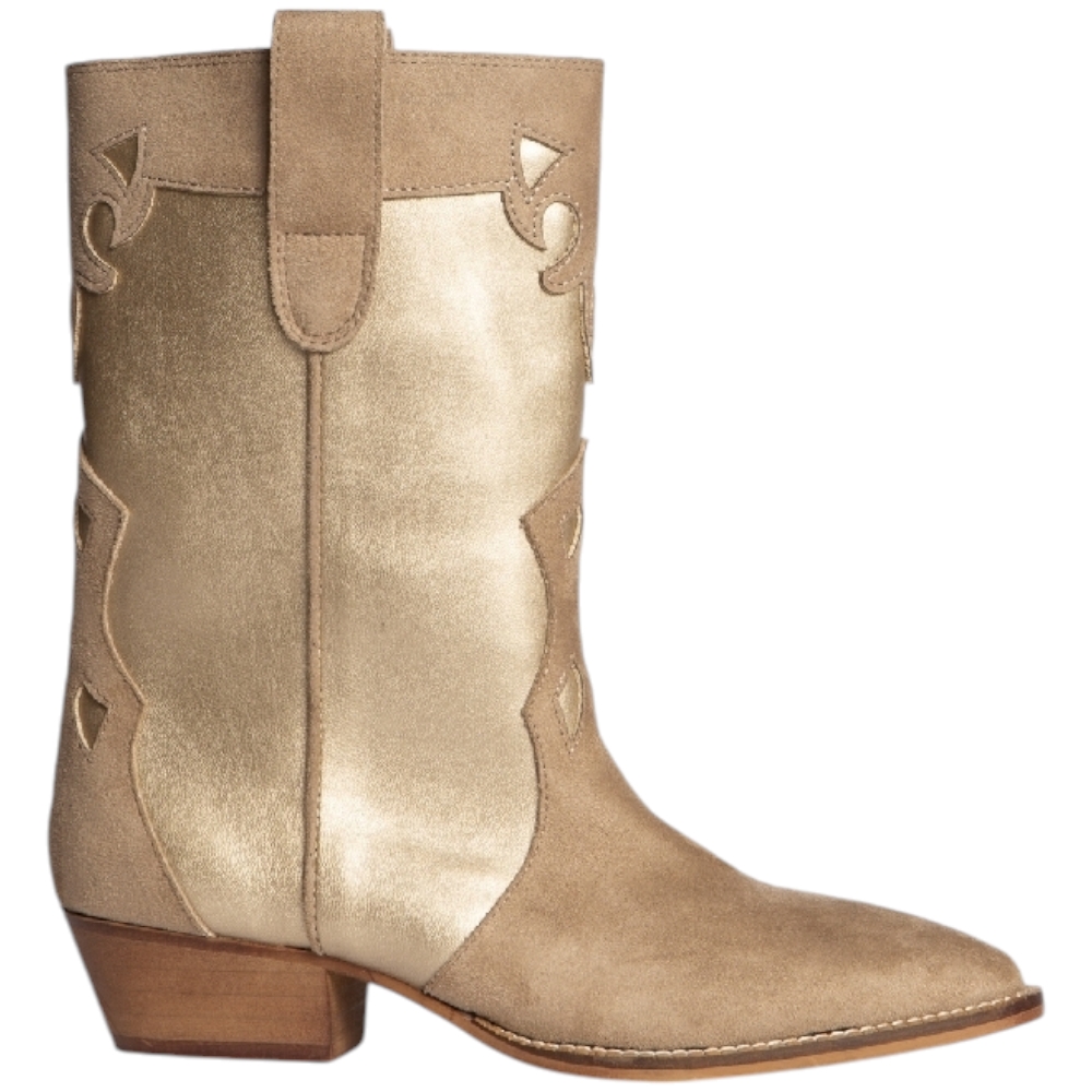 Stivali donna Western Corina M4632 in pelle e camoscio bicolore beige e oro tacco western 6cm zip meta' polpaccio basic.