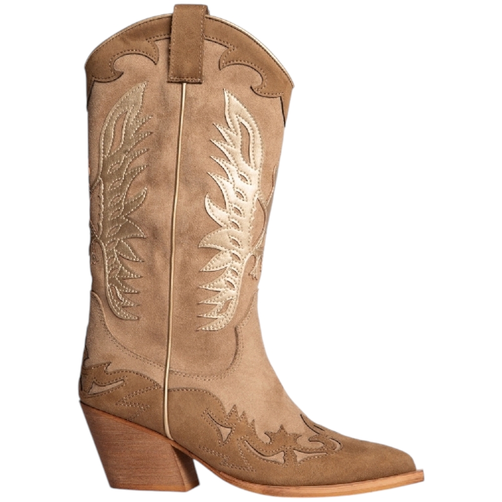 Stivale donna texano Corina lusso multimateriale camoscio beige oro M4800.
