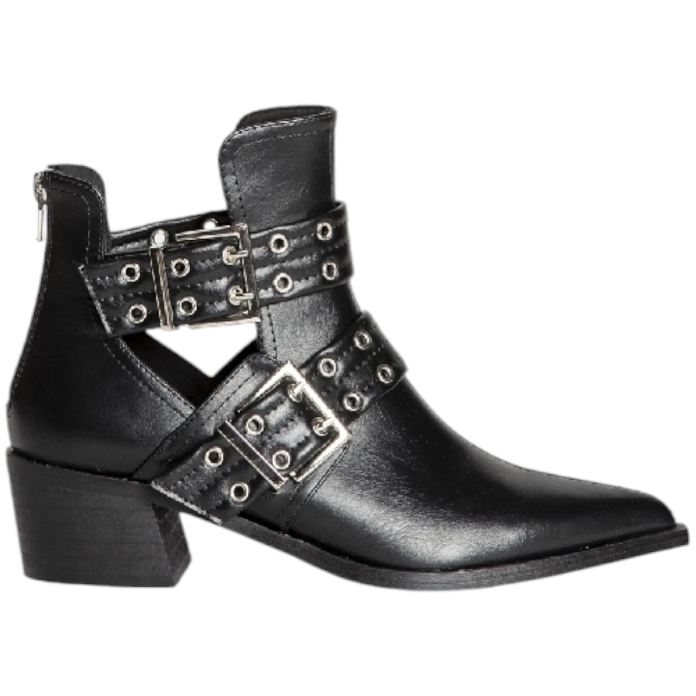 Stivaletto donna Corina con fibbie opentoe laterale pelle nero fibbia argento M4715