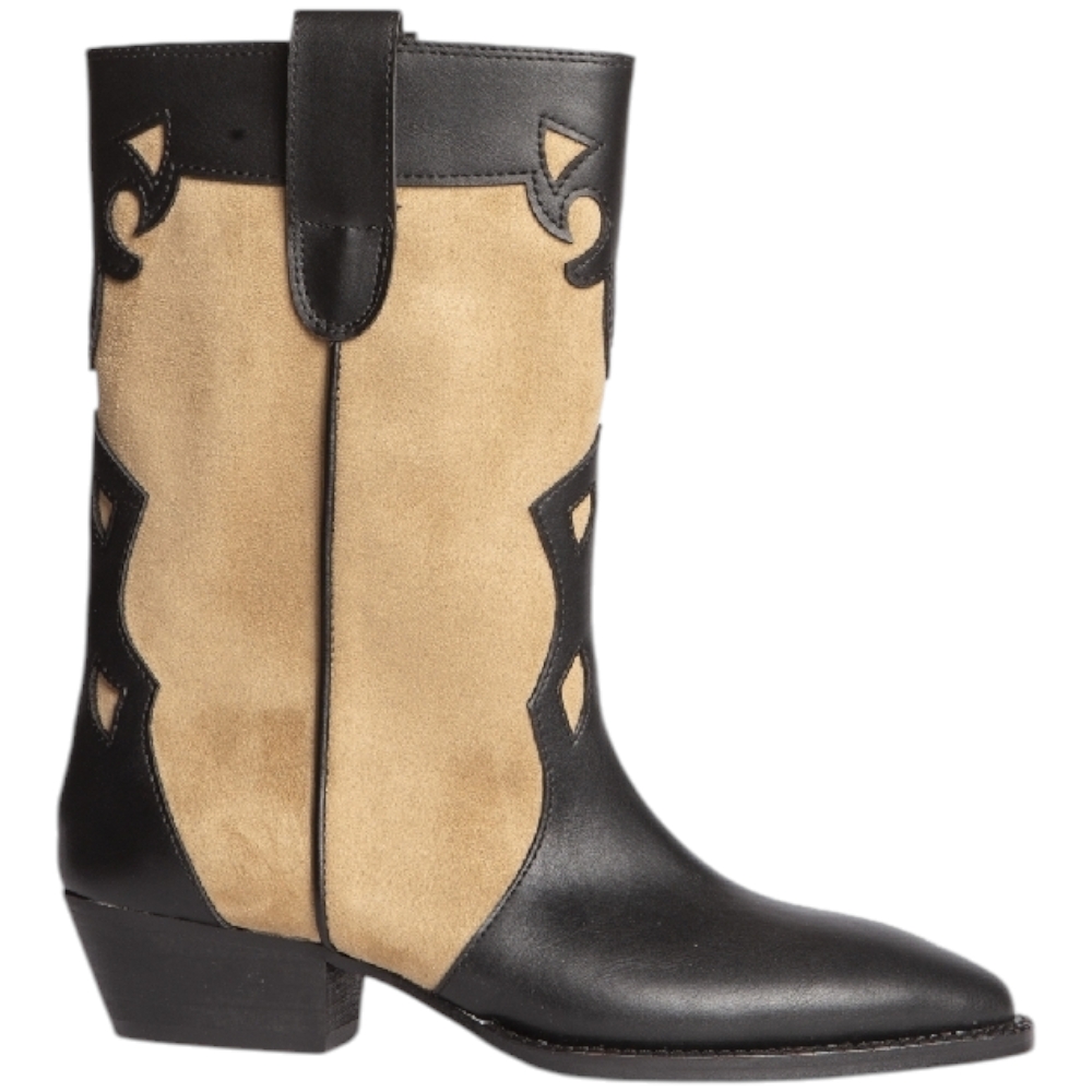 Stivali donna Western Corina M4632 in pelle e camoscio bicolore nero e beige tacco western 6cm zip meta' polpaccio basic.