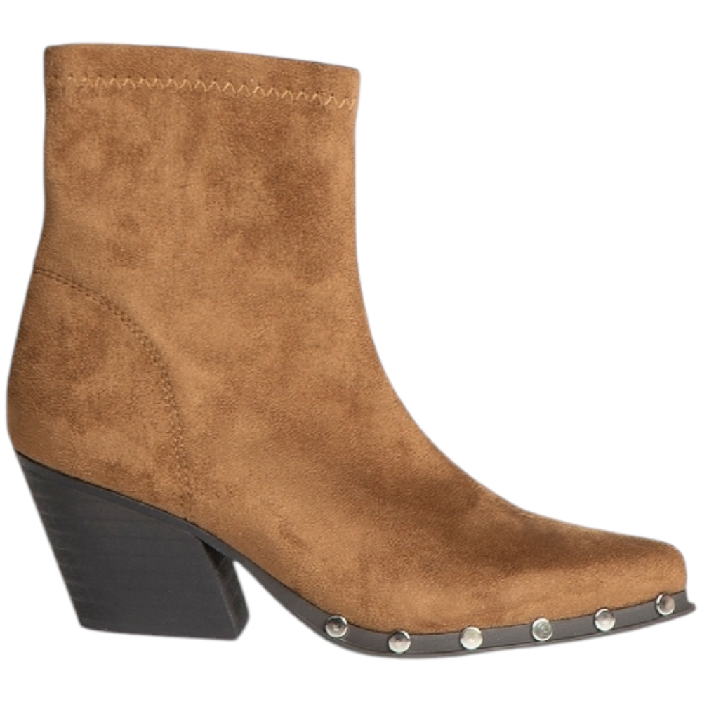 Tronchetto donna Corina M4740 tacco legno cono 6,5 cm a punta in pelle scamosciata cuoio con zip e borchie alla caviglia.
