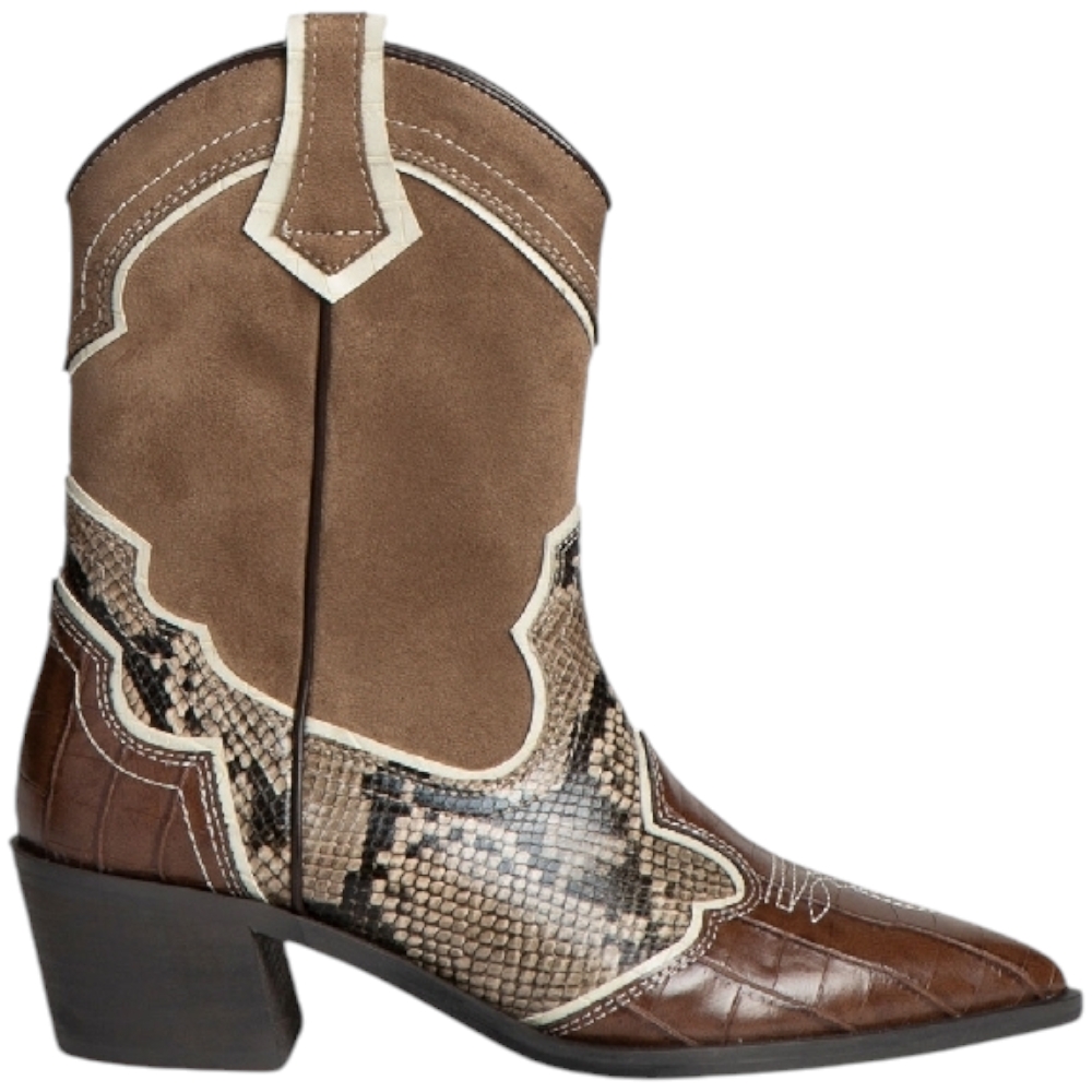 Stivaletto corina m4731 texano multimateriale lusso marrone kakhi animalier 