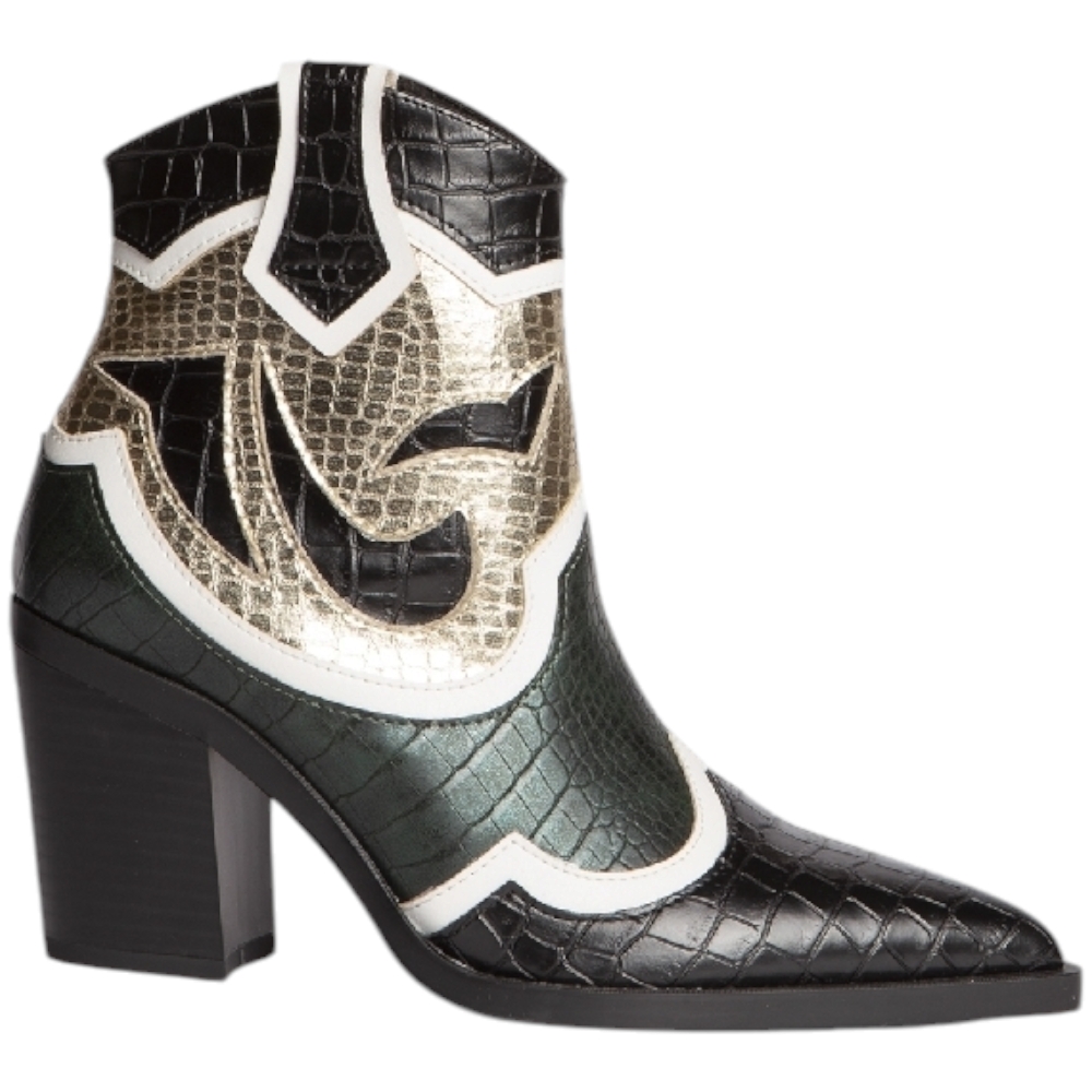 Tronchetti donna Corina m4745 texani multimateriale lusso verde oro nero animalier tacco.