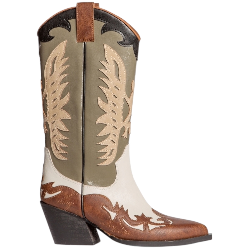 Stivale donna texano Corina lusso multimateriale vinile verde camel M4800